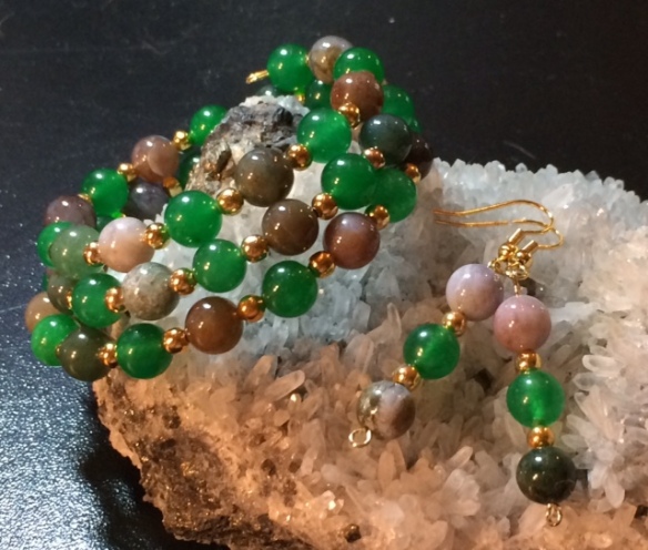 Fancy Jasper & Emerald Jade triple-strand wrap bracelet and earrings set