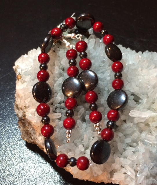 Hematite & Red Quartzite stretch bracelet and earrings set