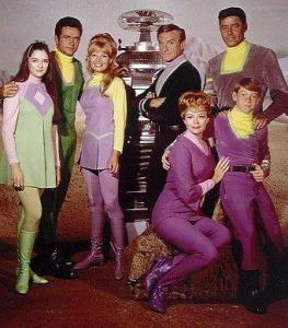 Publicity photo (1967) for Lost in Space: shows cast members: Angela Cartwright, Mark Goddard, Marta Kristen, Bob May (Robot), Jonathan Harris, June Lockhart, Guy Williams & Billy Mumy.